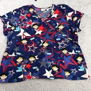Wonder Woman Scrub Top 3XL Blue Star Mock Wrap Medical Uniform WM107732L